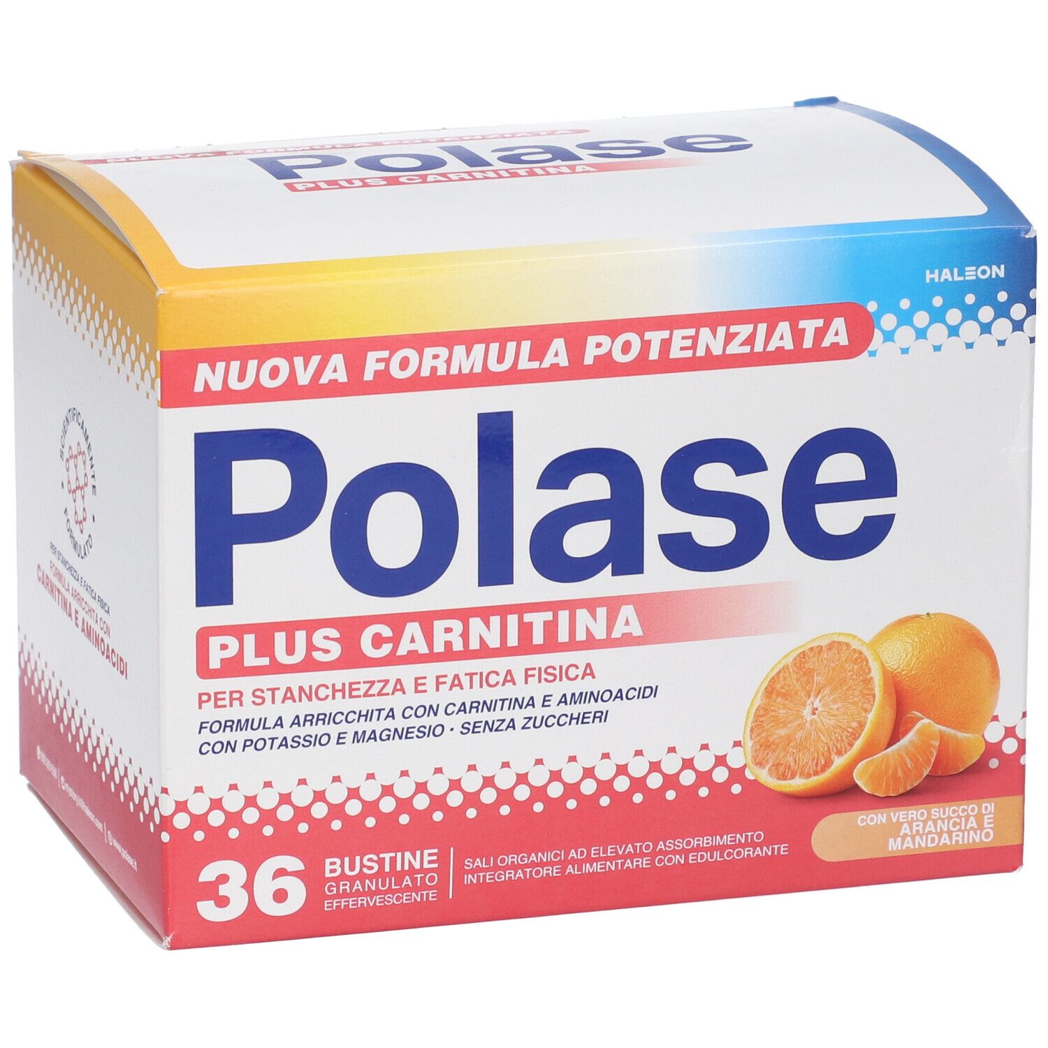 Confezione di Polase Plus Carnitina. 36 bustine. Arance. Testo: Plus Carnitina, per stanchezza e fatica fisica.