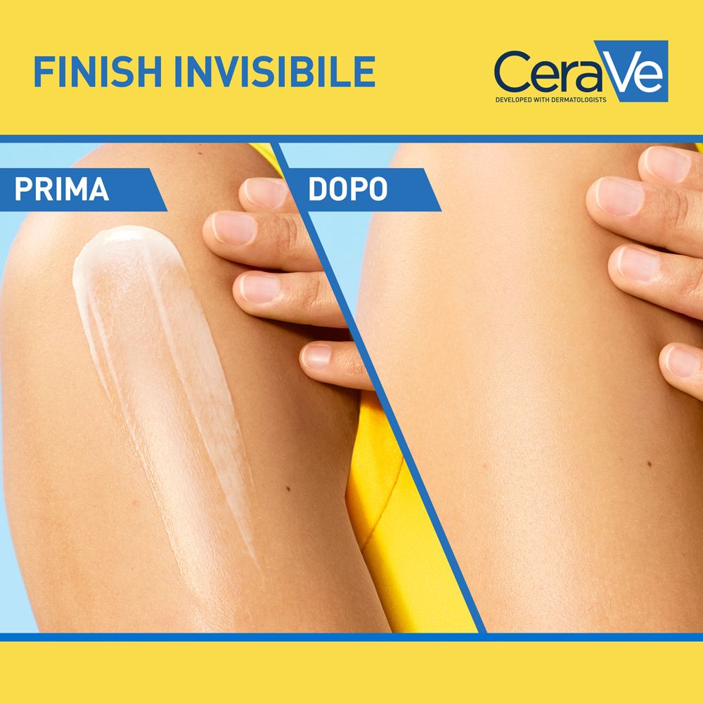 Protezione solare CeraVe: applicazione prima e dopo mostra un finish invisibile.