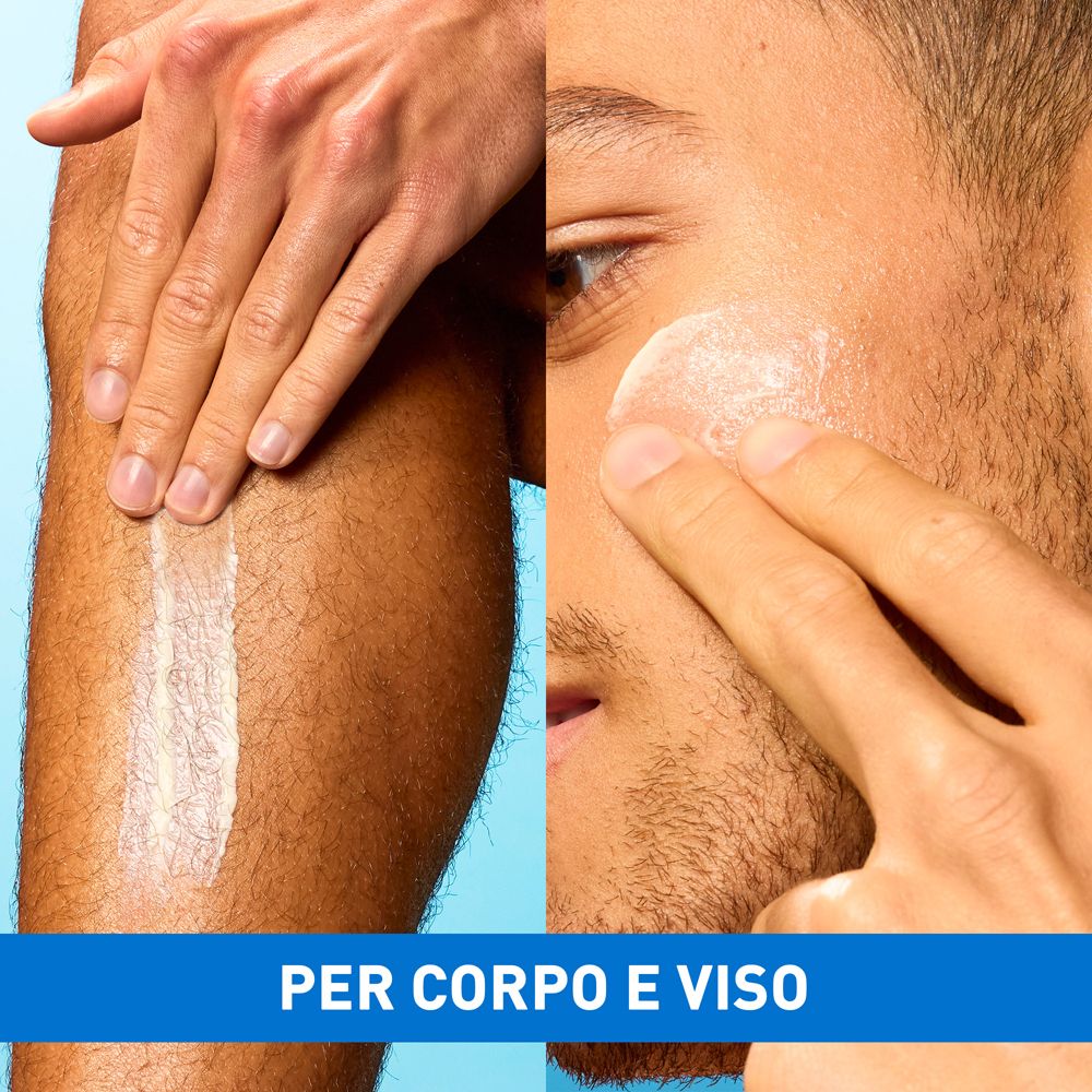 Protezione solare CeraVe applicata su corpo e viso.