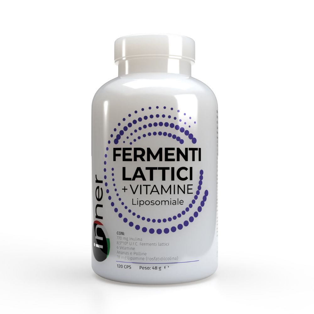 Flacone bianco con capsule. Scritta: FERMENTI LATTICI + VITAMINE Liposomiale. Marchio: inner. 120 CPS.
