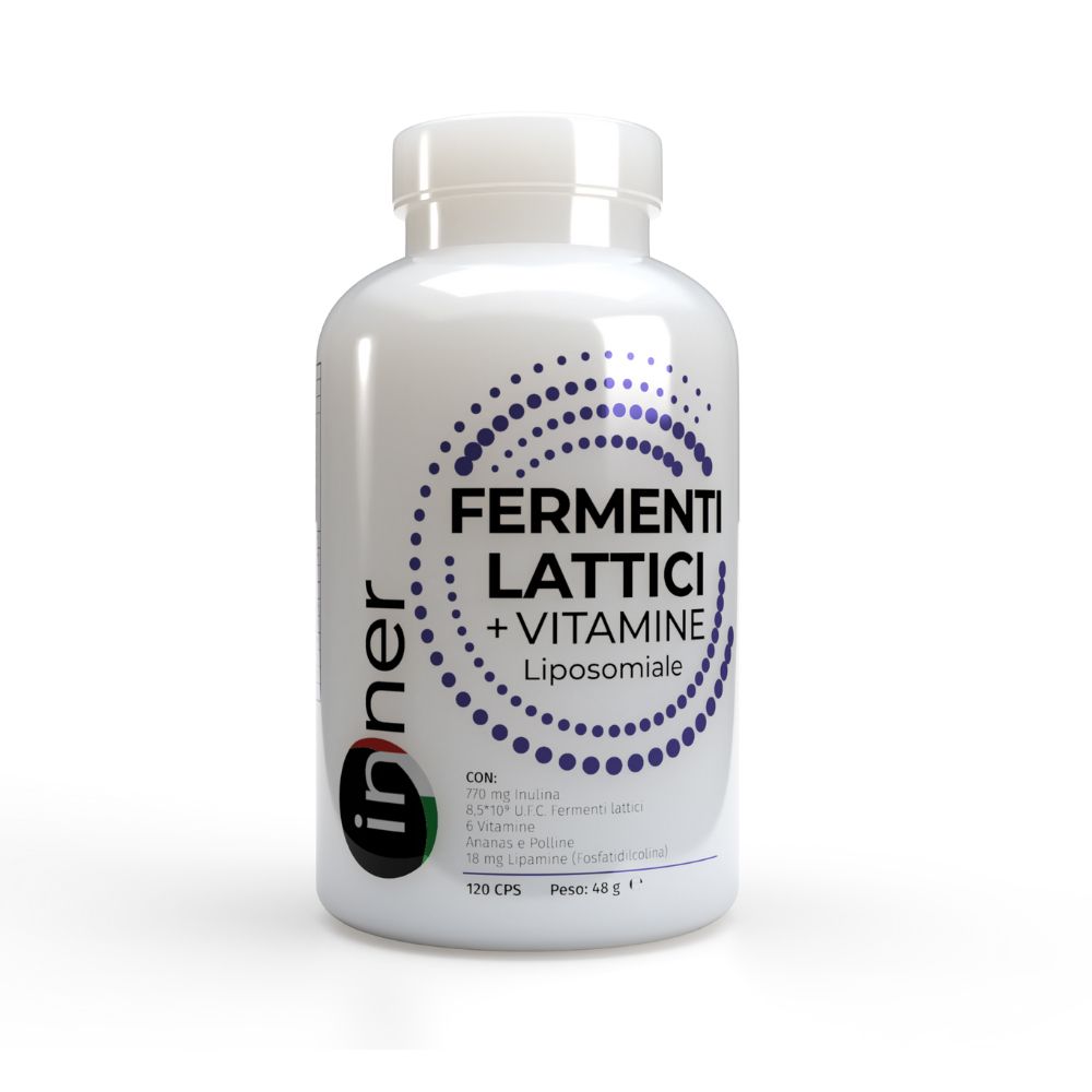 Flacone bianco con capsule. Scritta: FERMENTI LATTICI + VITAMINE Liposomiale. Marchio: inner. 120 CPS.