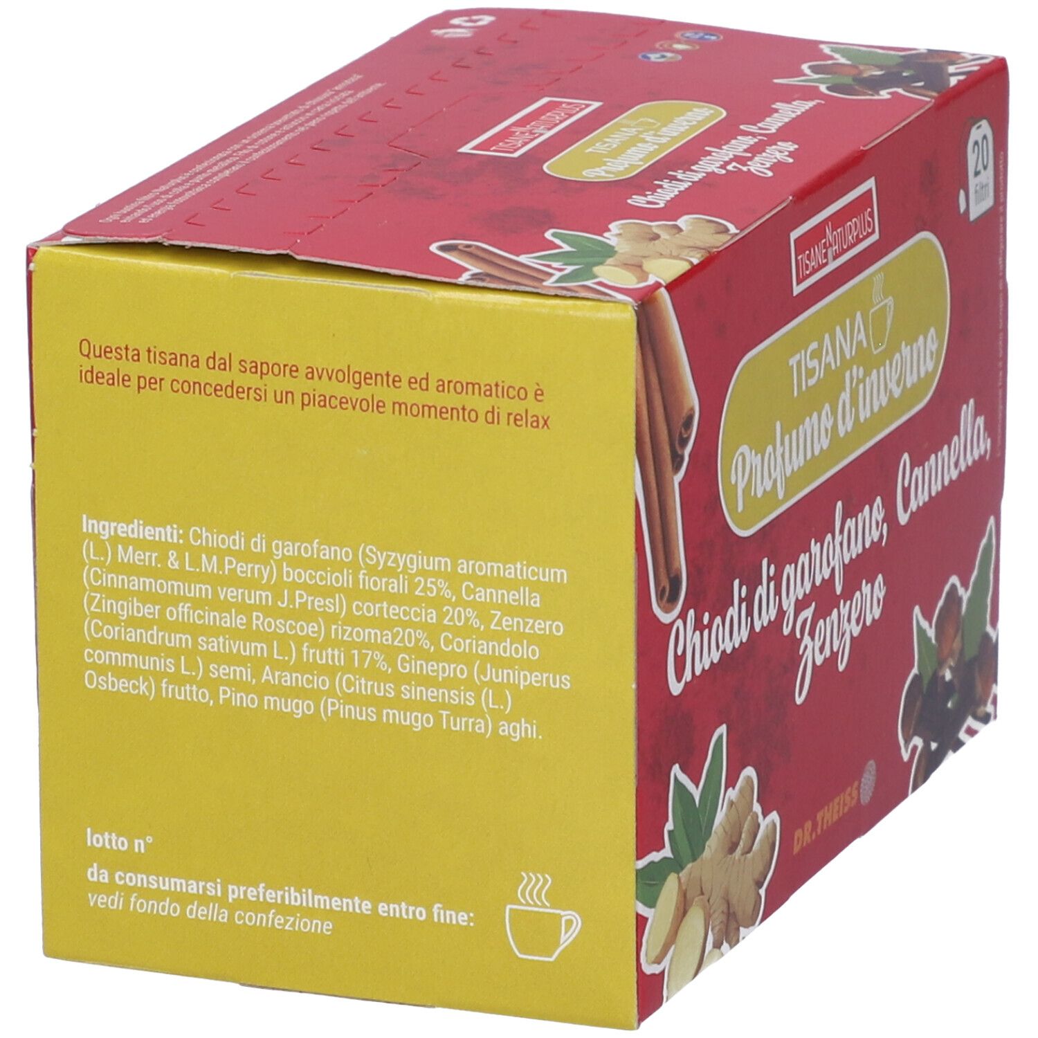 Confezione in cartone con testo ed elenco ingredienti. Scritta: TISANA PROFUMO D'INVERNO, chiodi di garofano, cannella, zenzero. 20 filtri.