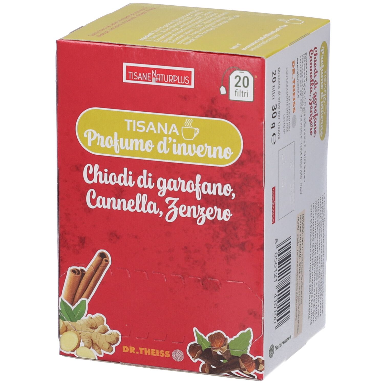 Confezione in cartone rossa con stampa. Contiene 20 filtri. Scritta: TISANA PROFUMO D'INVERNO, chiodi di garofano, cannella, zenzero.