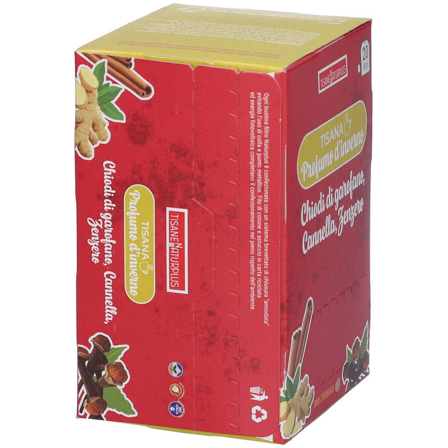 Confezione in cartone con stampa. Scritta: TISANA PROFUMO D'INVERNO, chiodi di garofano, cannella, zenzero. 20 filtri.