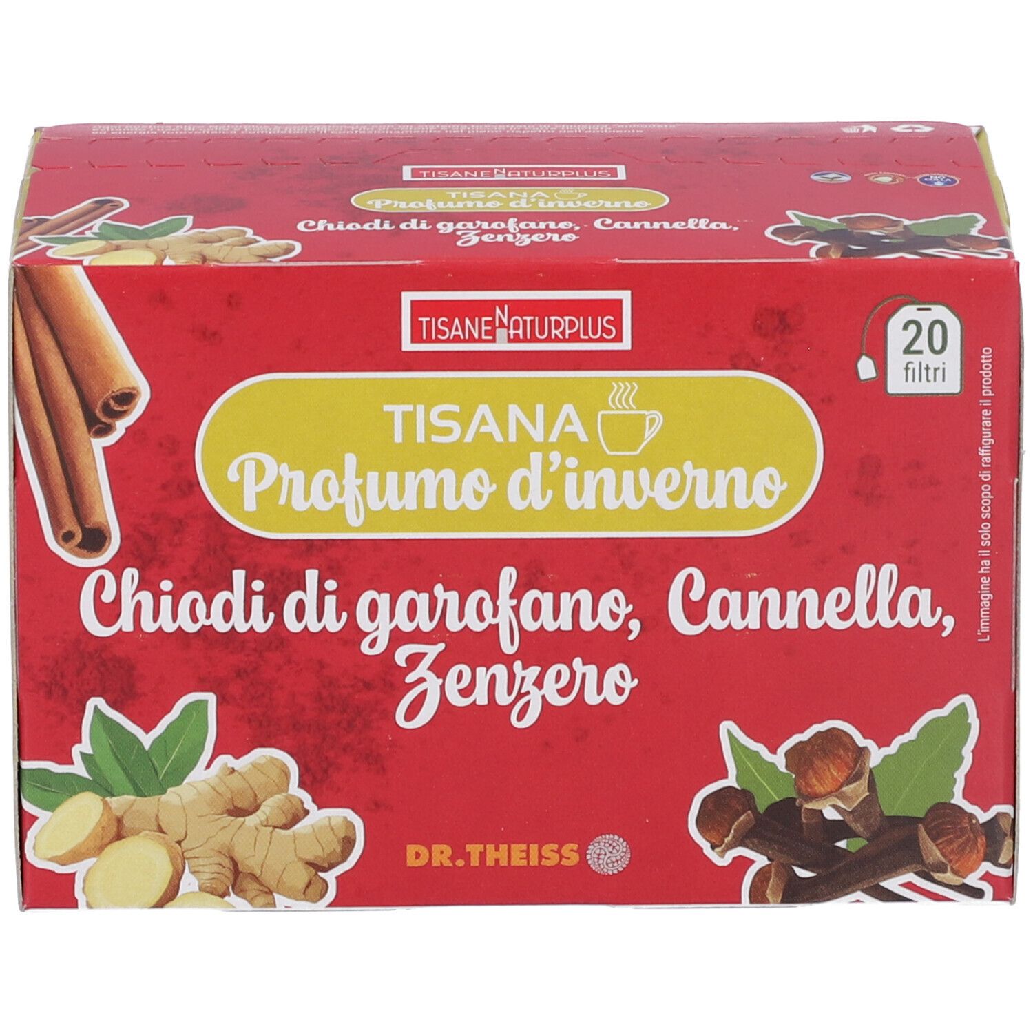 Confezione in cartone rossa con stampa. Contiene 20 filtri. Scritta: TISANA PROFUMO D'INVERNO, chiodi di garofano, cannella, zenzero.