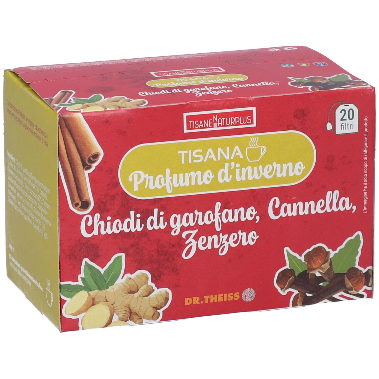 Confezione in cartone rossa con stampa. Contiene 20 filtri. Scritta: TISANA PROFUMO D'INVERNO, chiodi di garofano, cannella, zenzero.