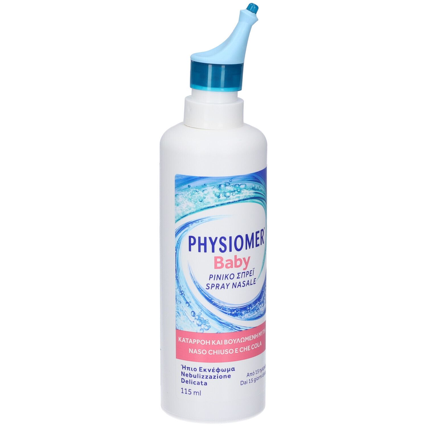 Flacone bianco con erogatore blu. Scritte: Physiomer Baby, spray nasale. Testo in greco e italiano.