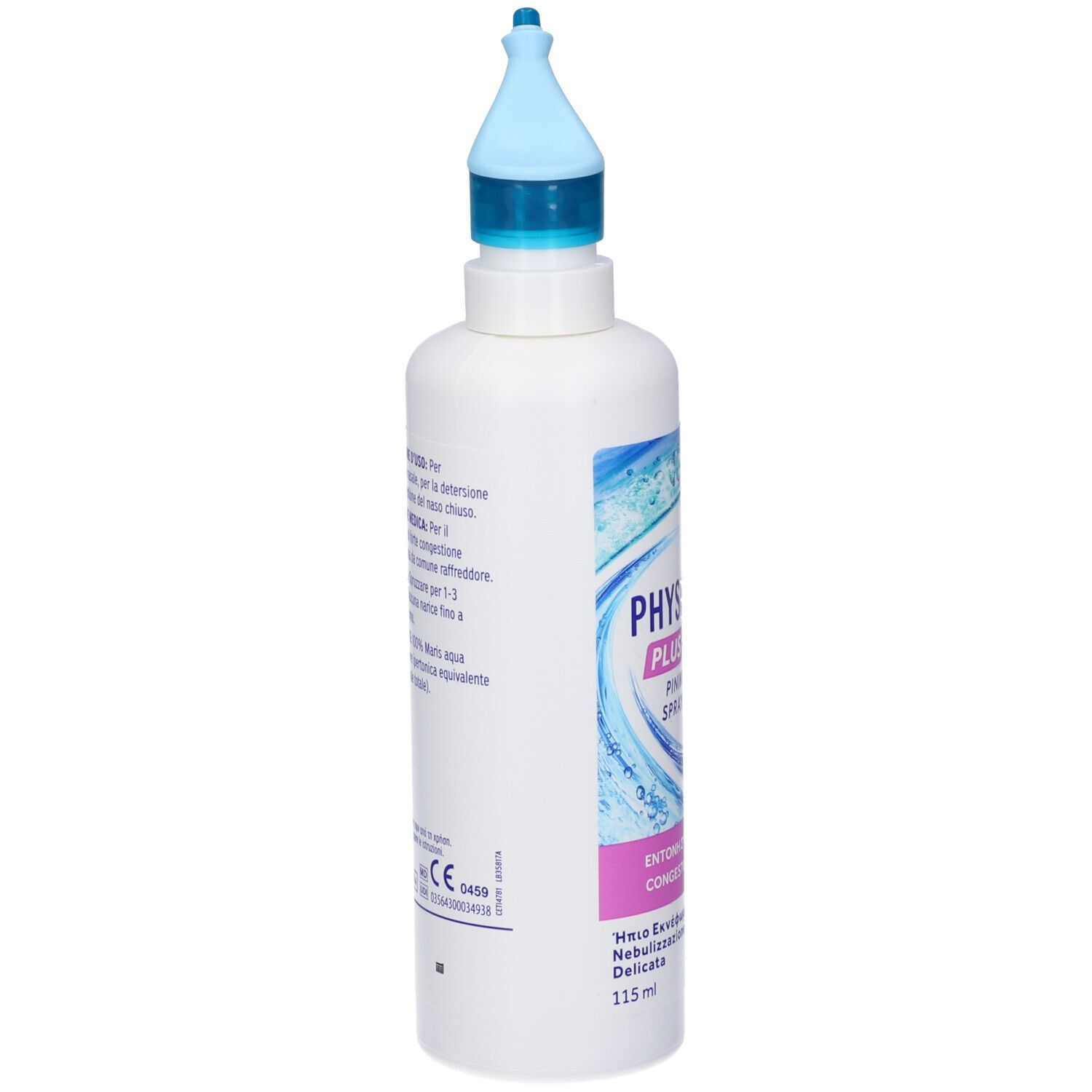 Flacone bianco con erogatore blu. Sul retro testo ed etichetta CE. Physiomer Plus Baby.