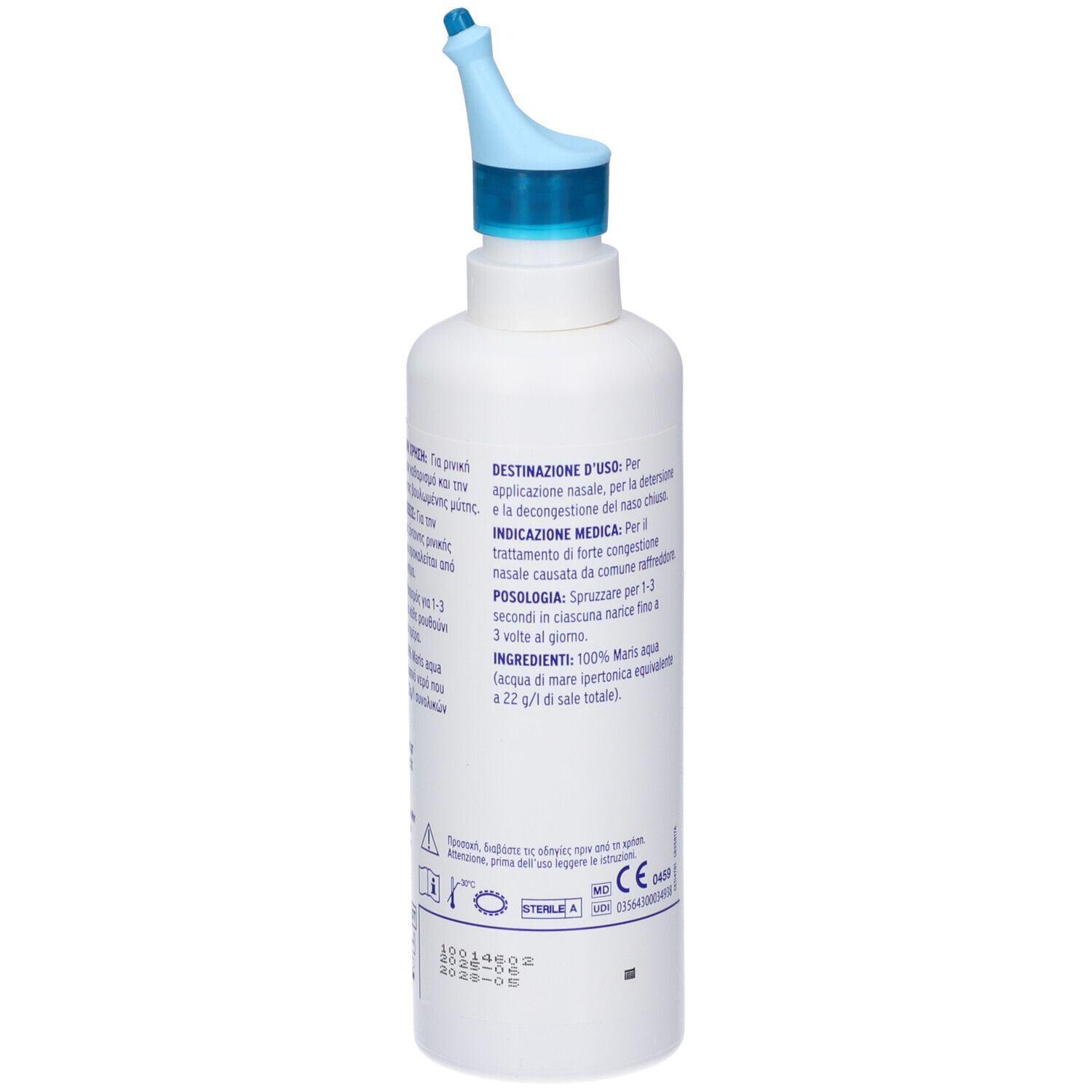 Flacone bianco con erogatore blu. Retro con testo ed etichetta CE. Physiomer Plus Baby.
