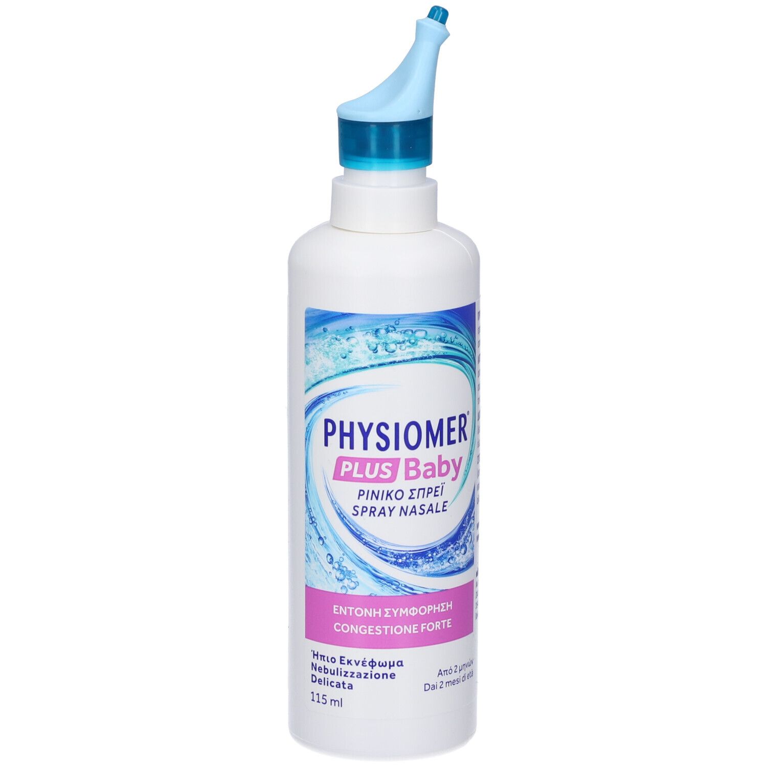 Flacone bianco con erogatore blu. Scritta: Physiomer Plus Baby, Spray Nasale. Etichetta rosa: Congestione Forte.