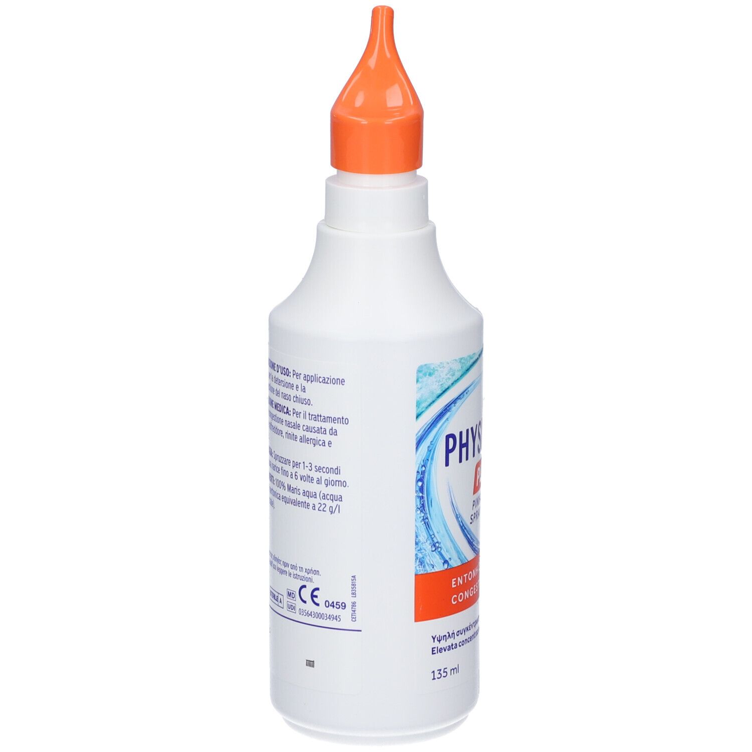 Flacone bianco con erogatore arancione. Testo in italiano. Scritta: PHYSIOMER PLUS. Etichetta con elementi blu e bianchi.