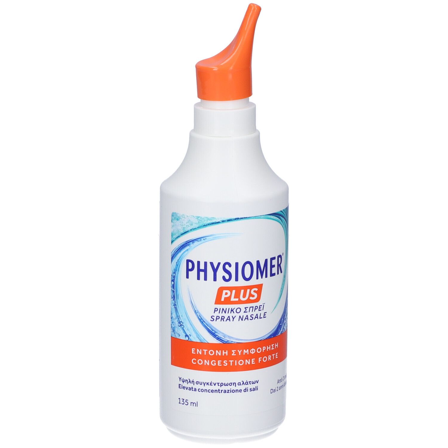 Flacone bianco con erogatore arancione. Scritta: PHYSIOMER PLUS Spray Nasale. Testo in greco e italiano. Striscia arancione con testo.