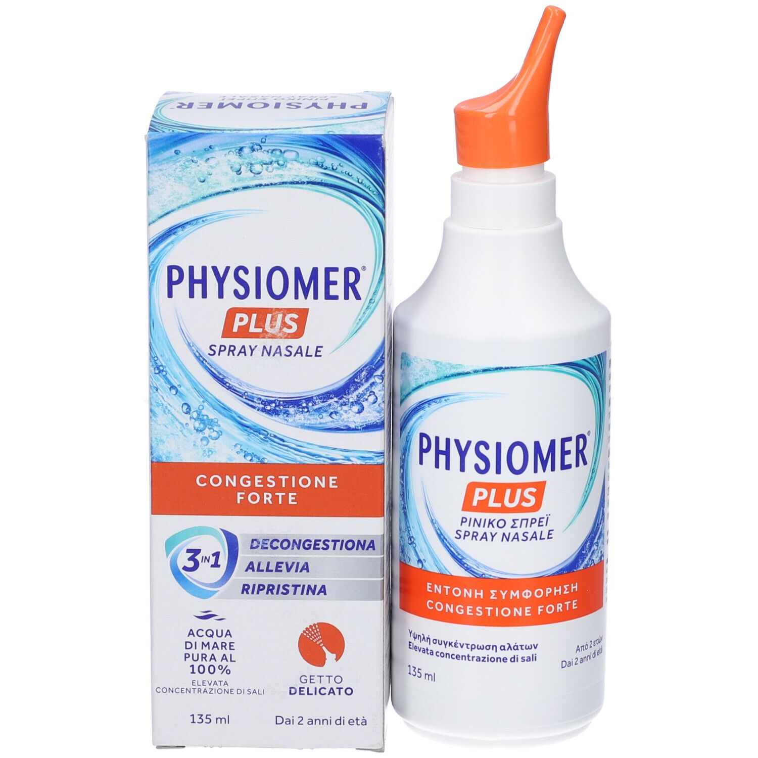 Prodotto e confezione. Flacone bianco con erogatore arancione e scatola. Scritta: PHYSIOMER PLUS Spray Nasale.