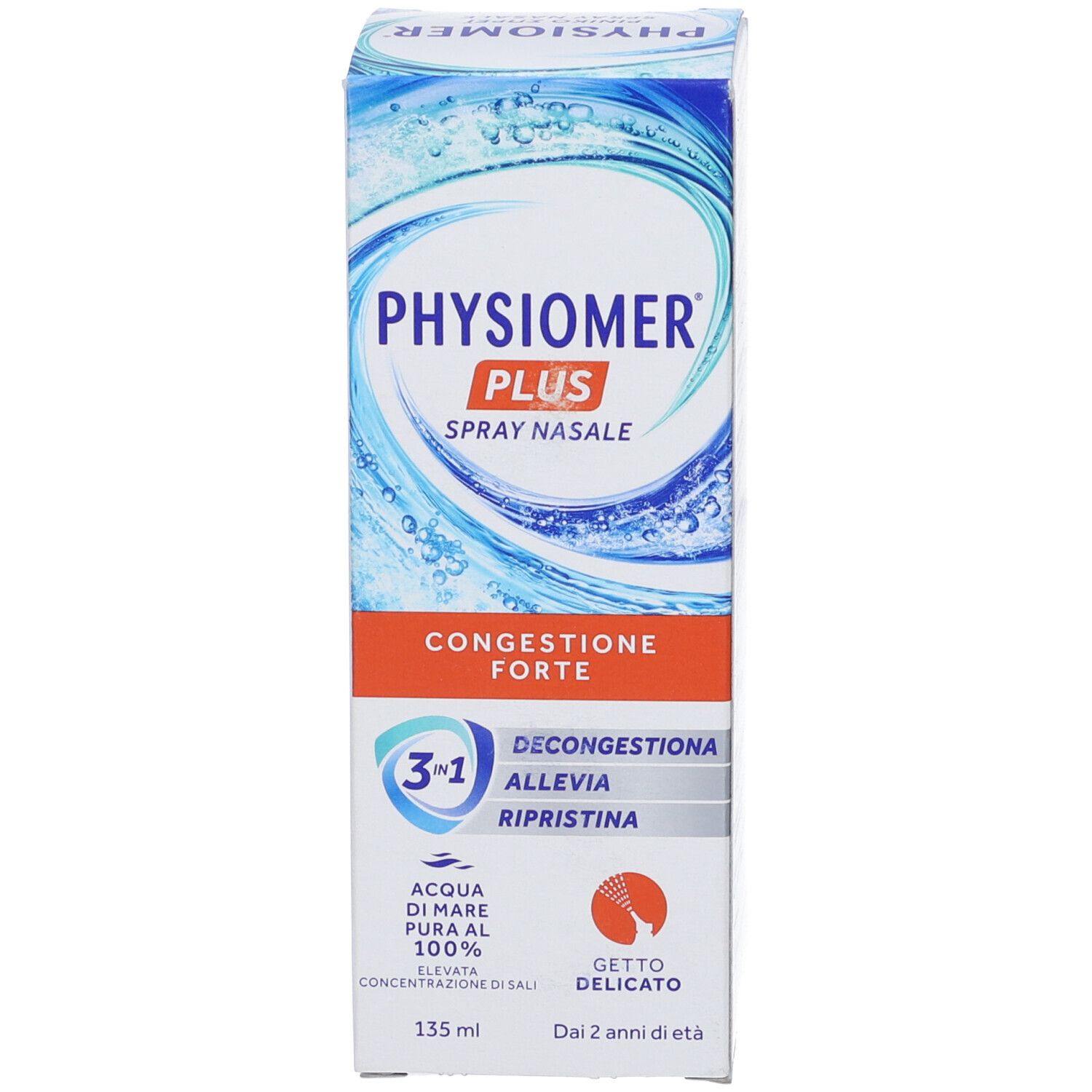 Confezione in cartone. Scritta: PHYSIOMER PLUS Spray Nasale. Testo in italiano. Sfondo blu con elementi bianchi.