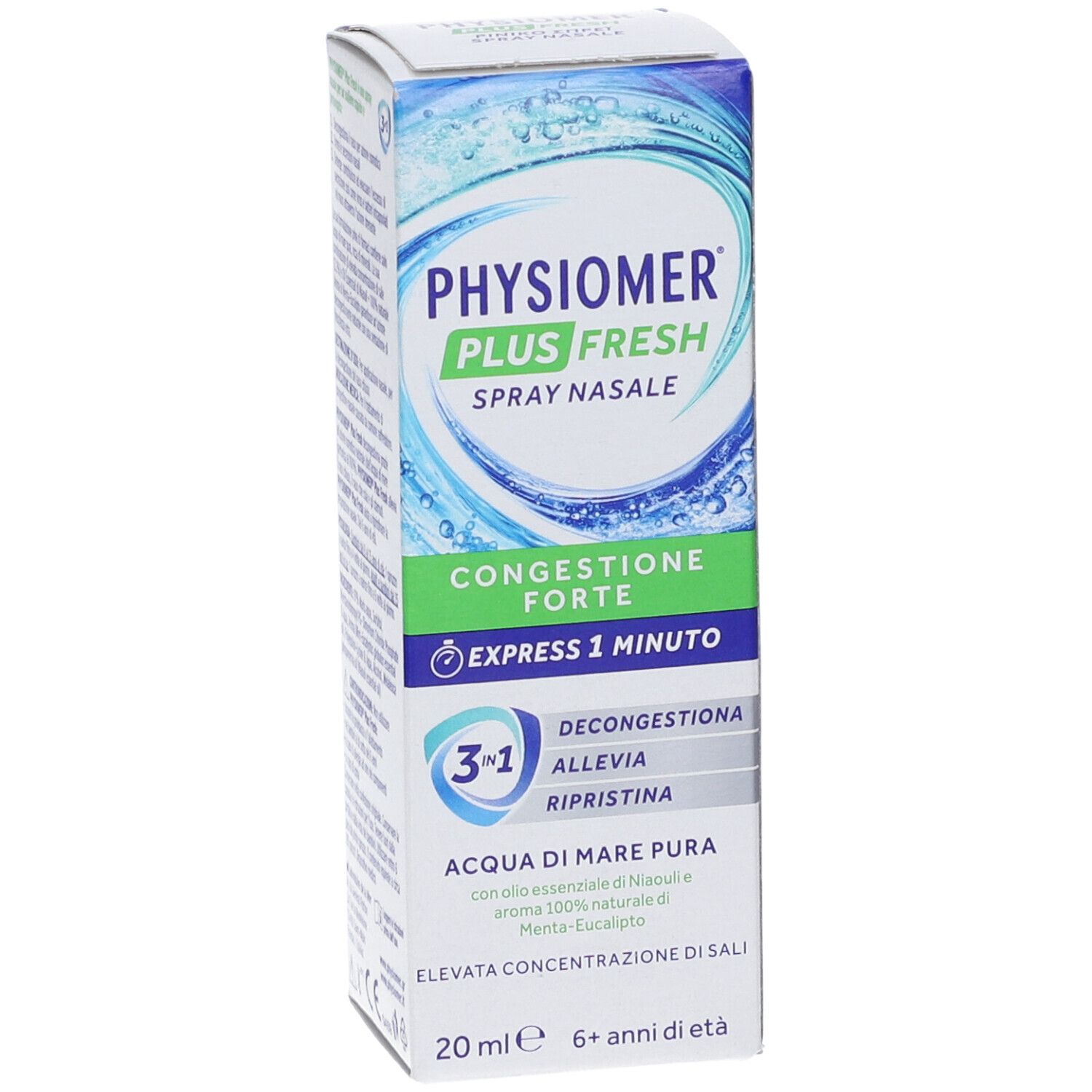 Scatola PHYSIOMER PLUS FRESH, spray nasale. Testo: Congestione Forte, Express 1 Minuto, 3-in-1. 20 ml, 6+ anni di età.