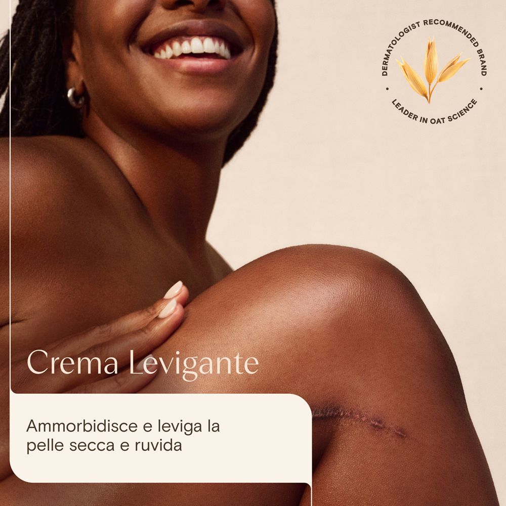 Donna tocca il ginocchio. Testo: Crema Levigante. Ammorbidisce e leviga la pelle secca e ruvida.