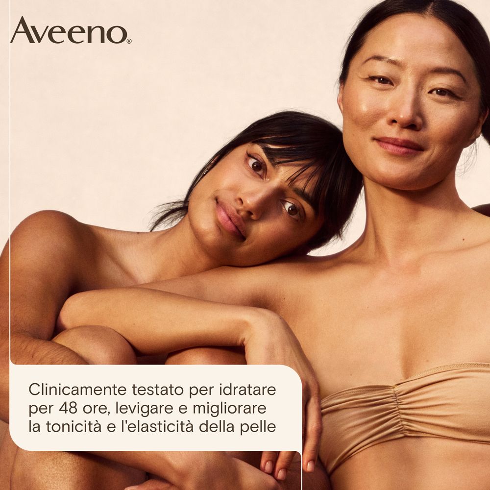 Due donne, una appoggia la testa sulla spalla dell'altra. Testo: Testato clinicamente per idratare 48 ore, levigare e migliorare tonicità ed elasticità.