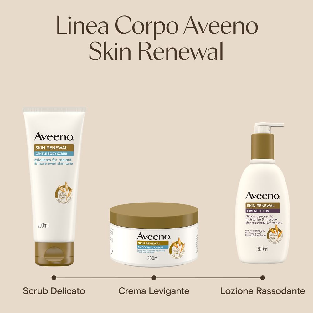 Tre prodotti Aveeno Skin Renewal: Scrub Delicato, Crema Levigante e Lozione Rassodante.