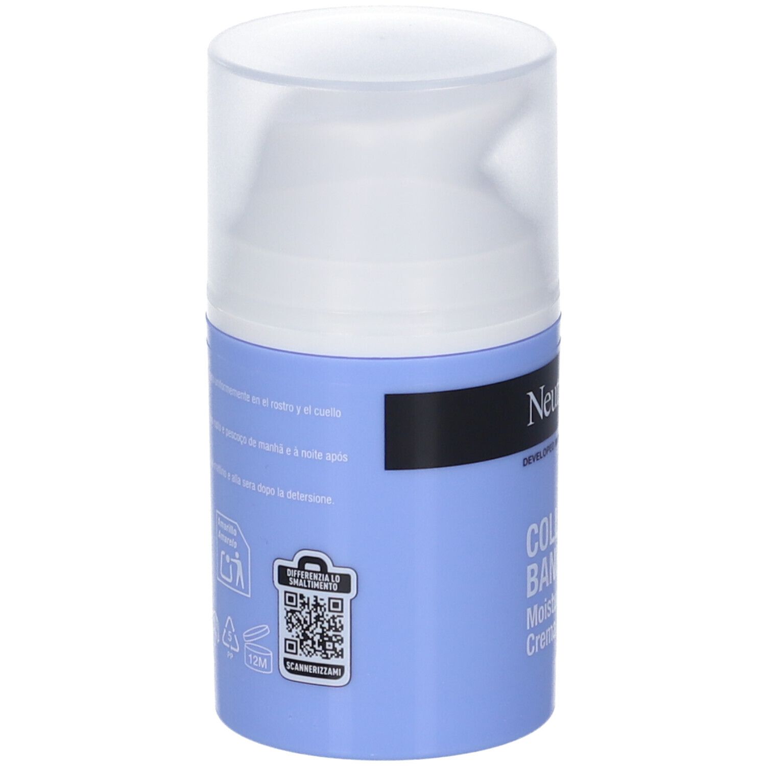 Flacone crema blu e bianco con dosatore. Testo e QR code sul retro. Scritte: Neutrogena, Collagen Bank.