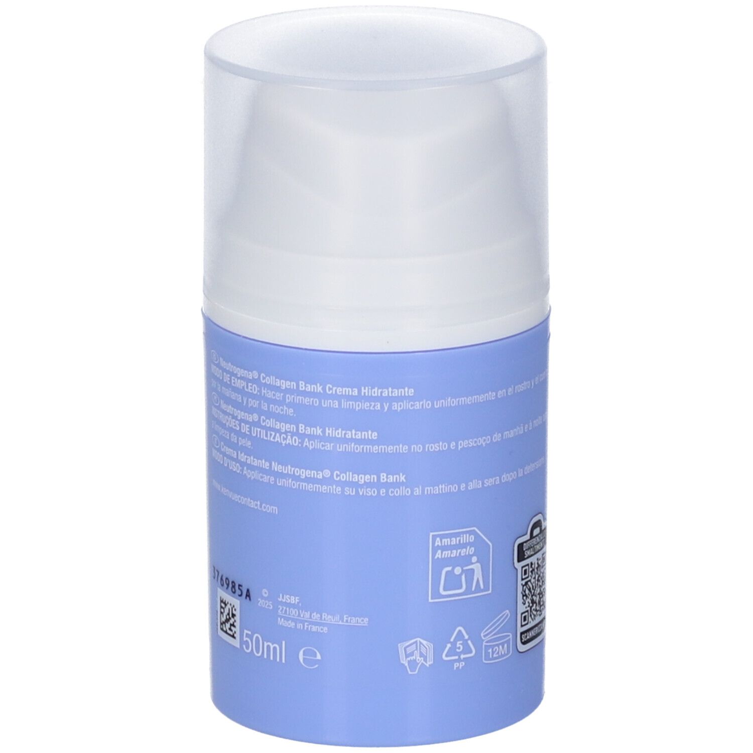 Flacone crema blu e bianco con dosatore. Scritte: Neutrogena Collagen Bank Crema Hidratante. Volume: 50ml.