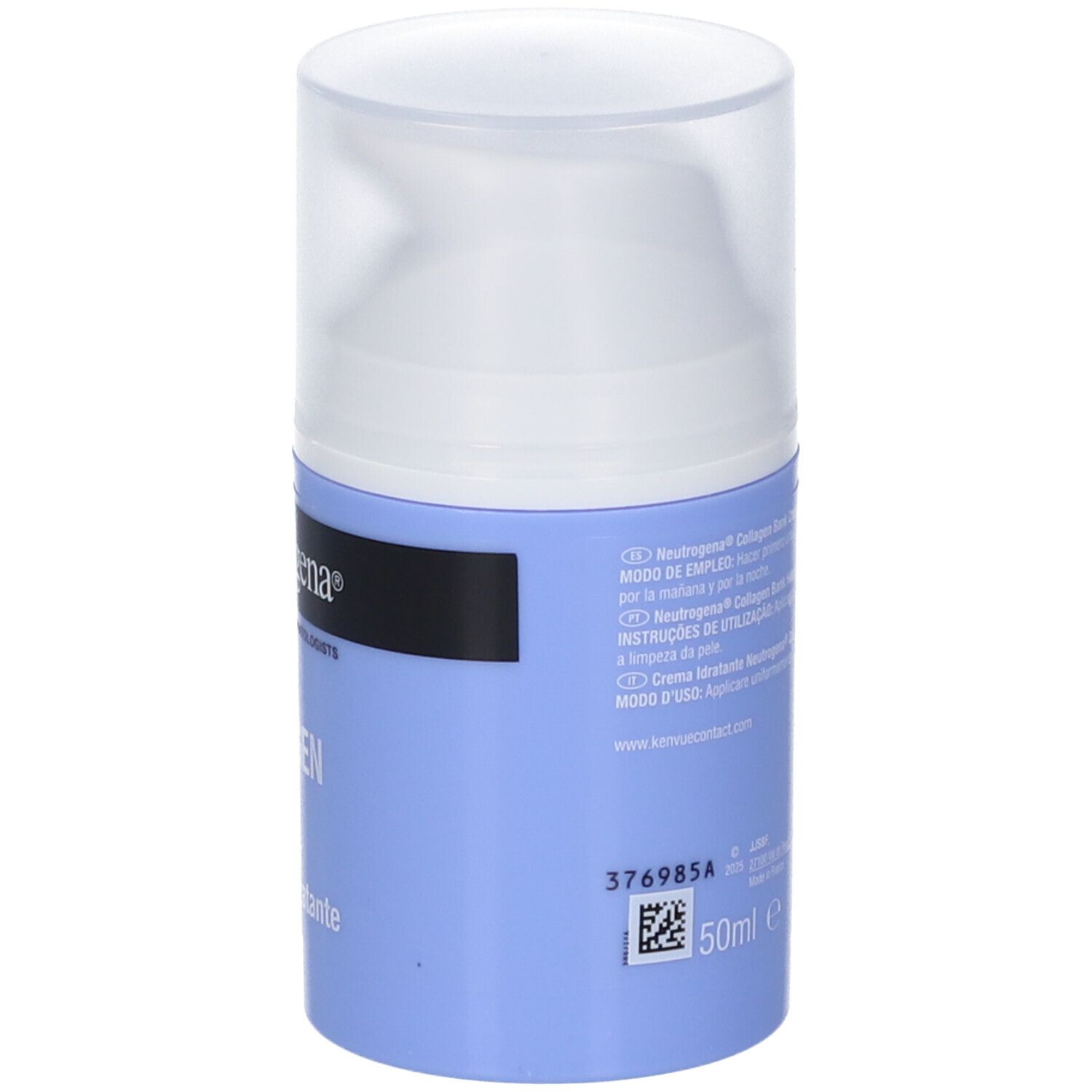 Flacone crema blu e bianco con dosatore. Scritte: Neutrogena Collagen Bank Crema Hidratante. Volume: 50ml.