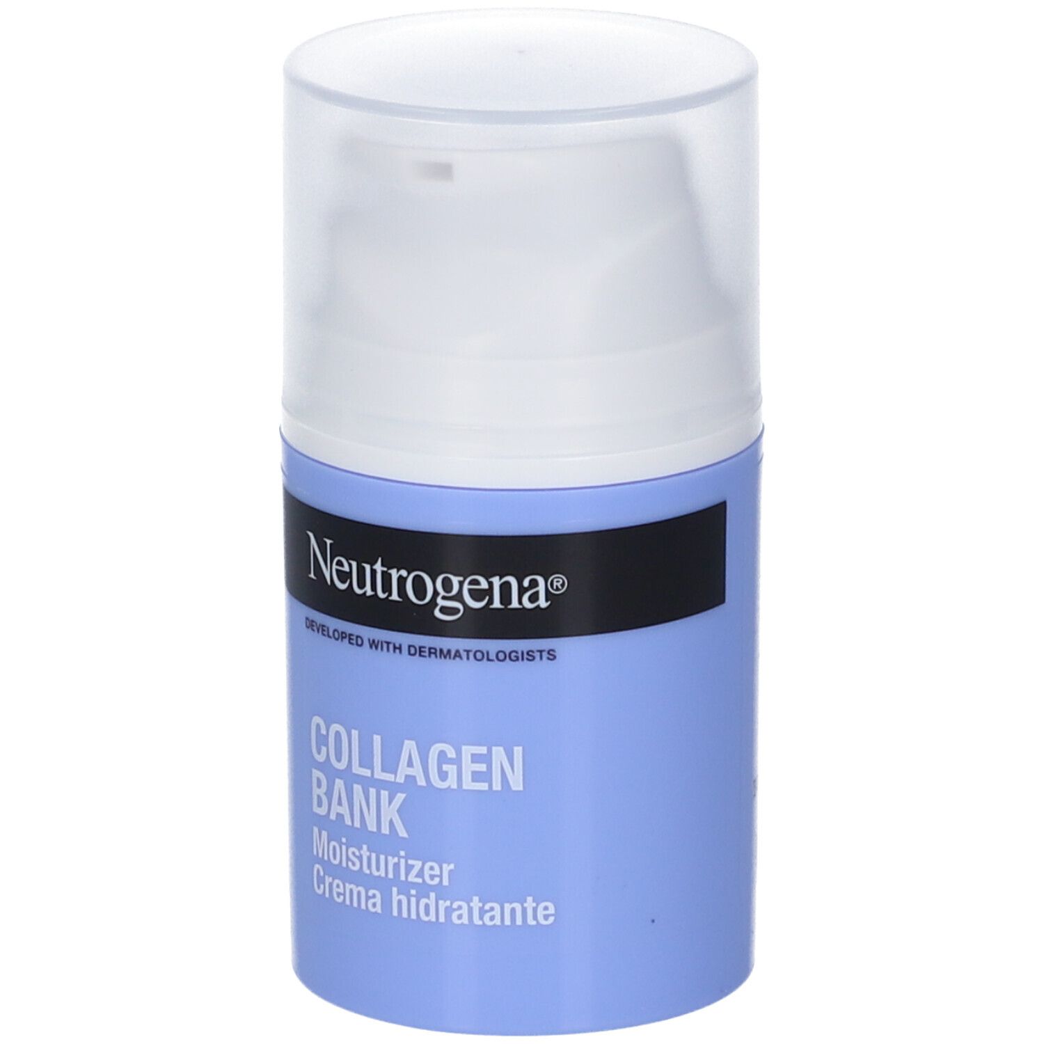Flacone crema blu e bianco con dosatore. Scritte: Neutrogena, Collagen Bank, Moisturizer, Crema hidratante.