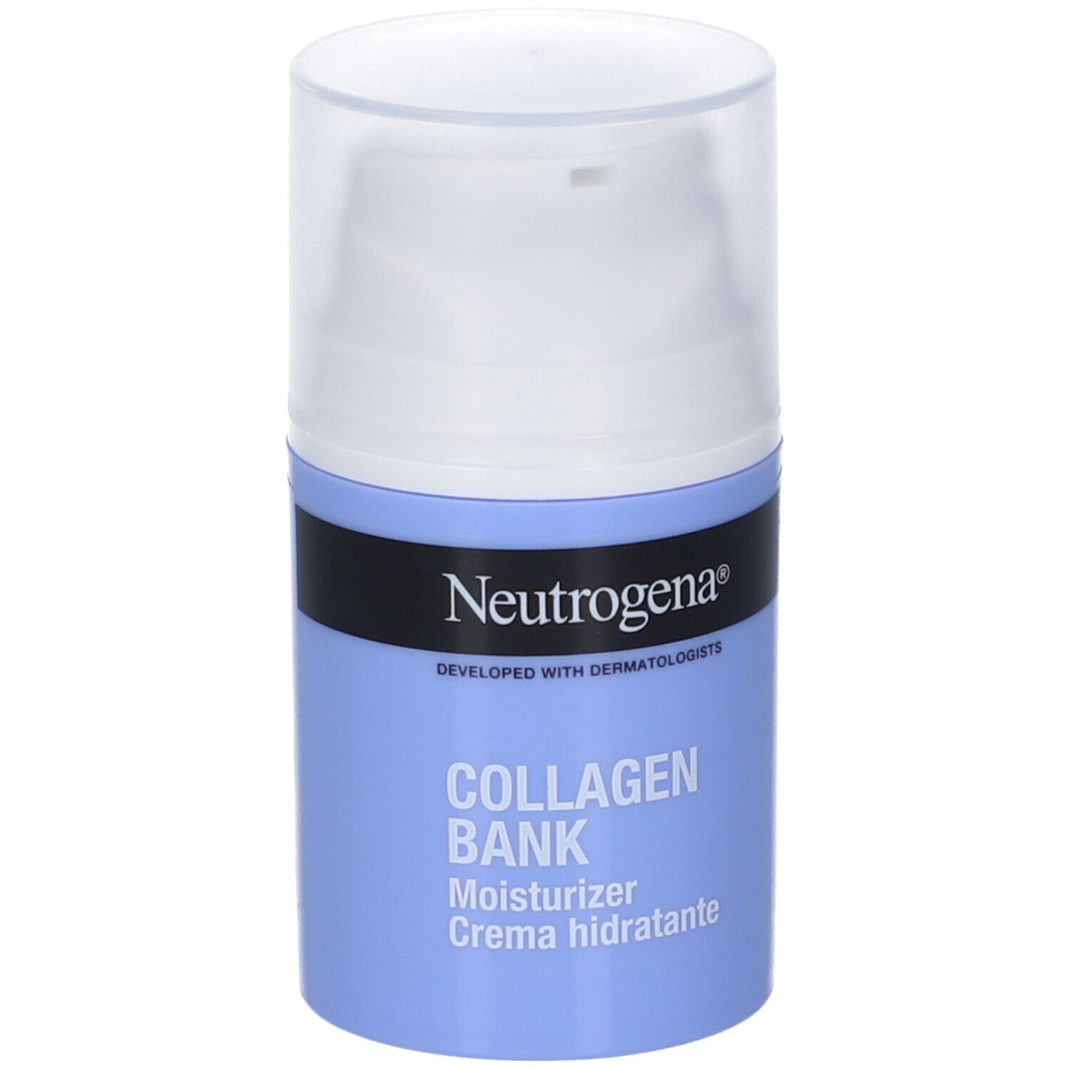 Flacone crema blu e bianco con dosatore. Scritte: Neutrogena, Collagen Bank, Moisturizer, Crema hidratante.