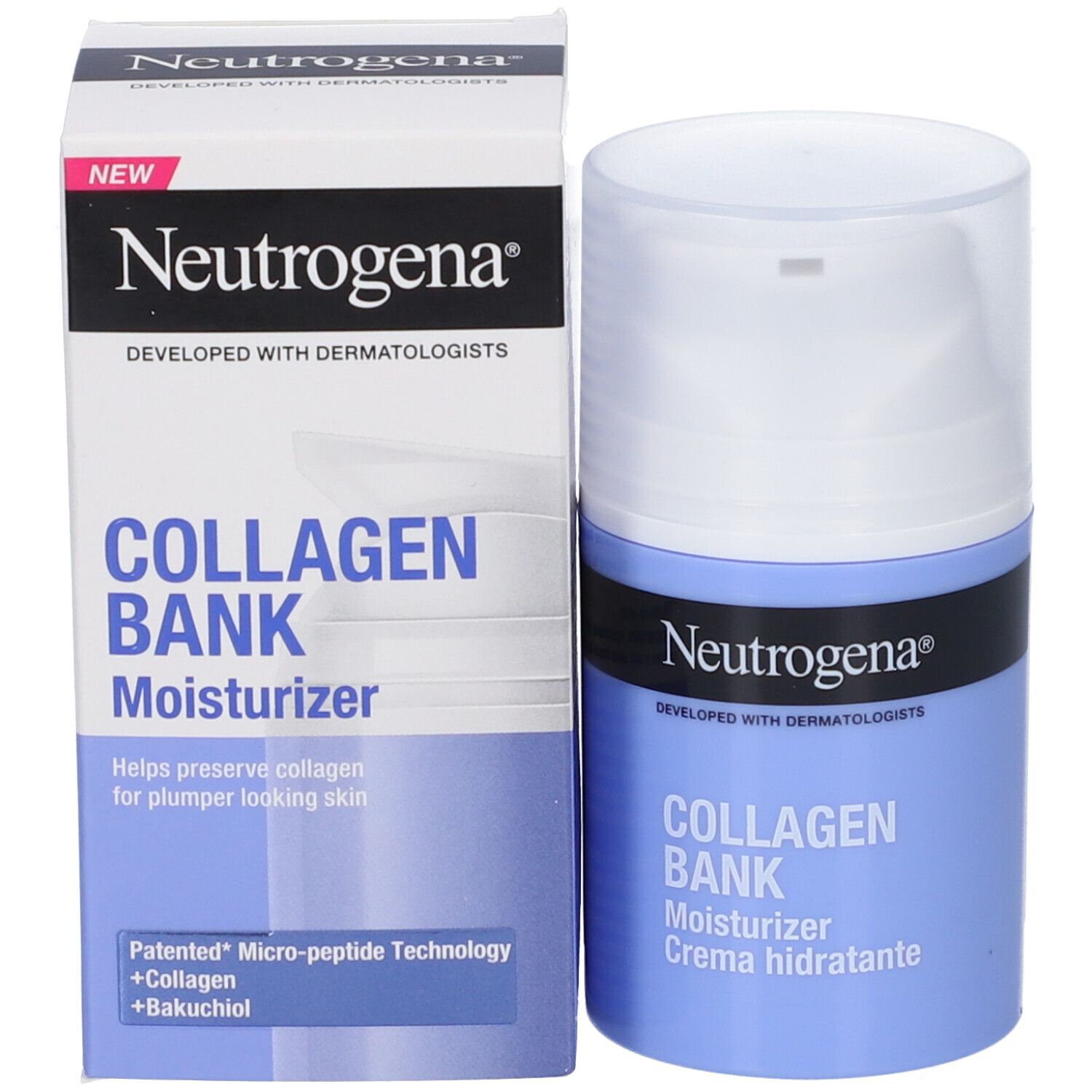 Flacone crema e confezione. Scritte: Neutrogena, Collagen Bank, Moisturizer. Aiuta a preservare il collagene.