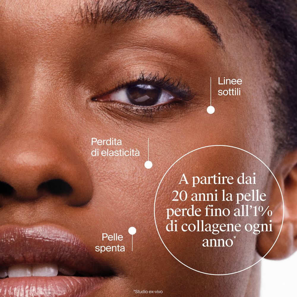 Primo piano su pelle scura, con segni per rughe, perdita di elasticità e pelle spenta.