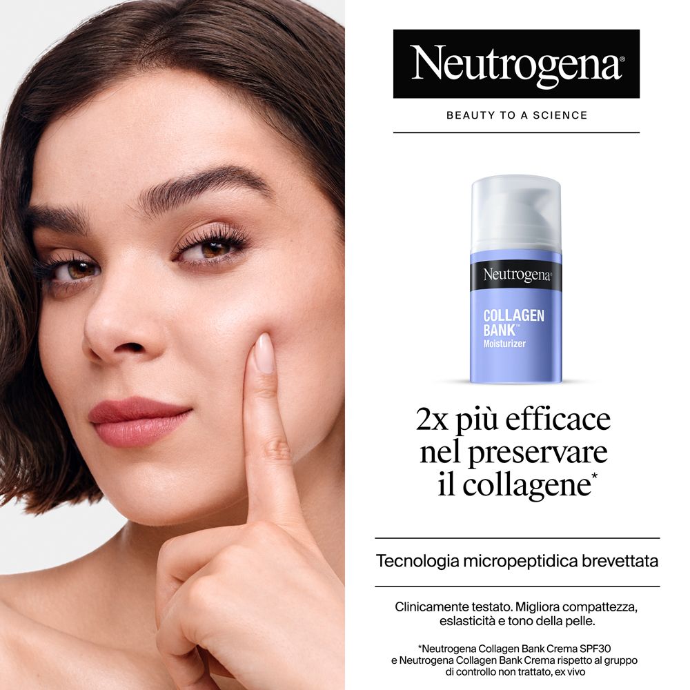 Donna che si tocca il viso accanto a un flacone Neutrogena Collagen Bank Moisturizer. "2x più efficace"