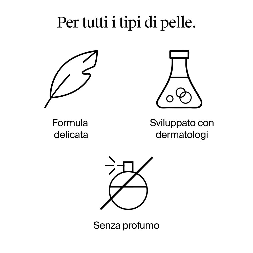 Tre icone: piuma (formula delicata), fiala (sviluppato con dermatologi), flacone di profumo barrato (senza profumo).