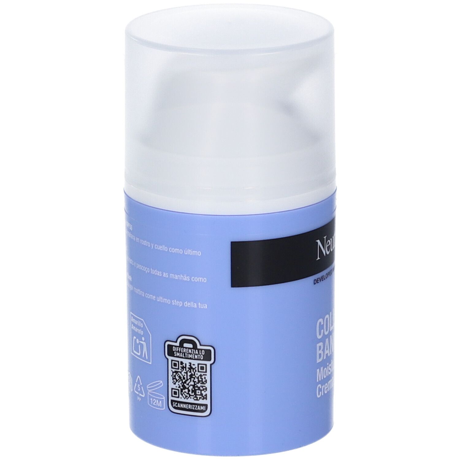 Neutrogena Collagene Crema Giorno SPF 30. Flacone blu con tappo bianco. Retro con testo e codice QR.