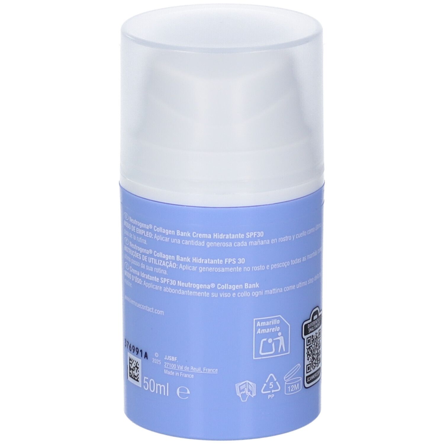 Neutrogena Collagene Crema Giorno SPF 30. Flacone blu con tappo bianco. Retro con testo e codice QR.