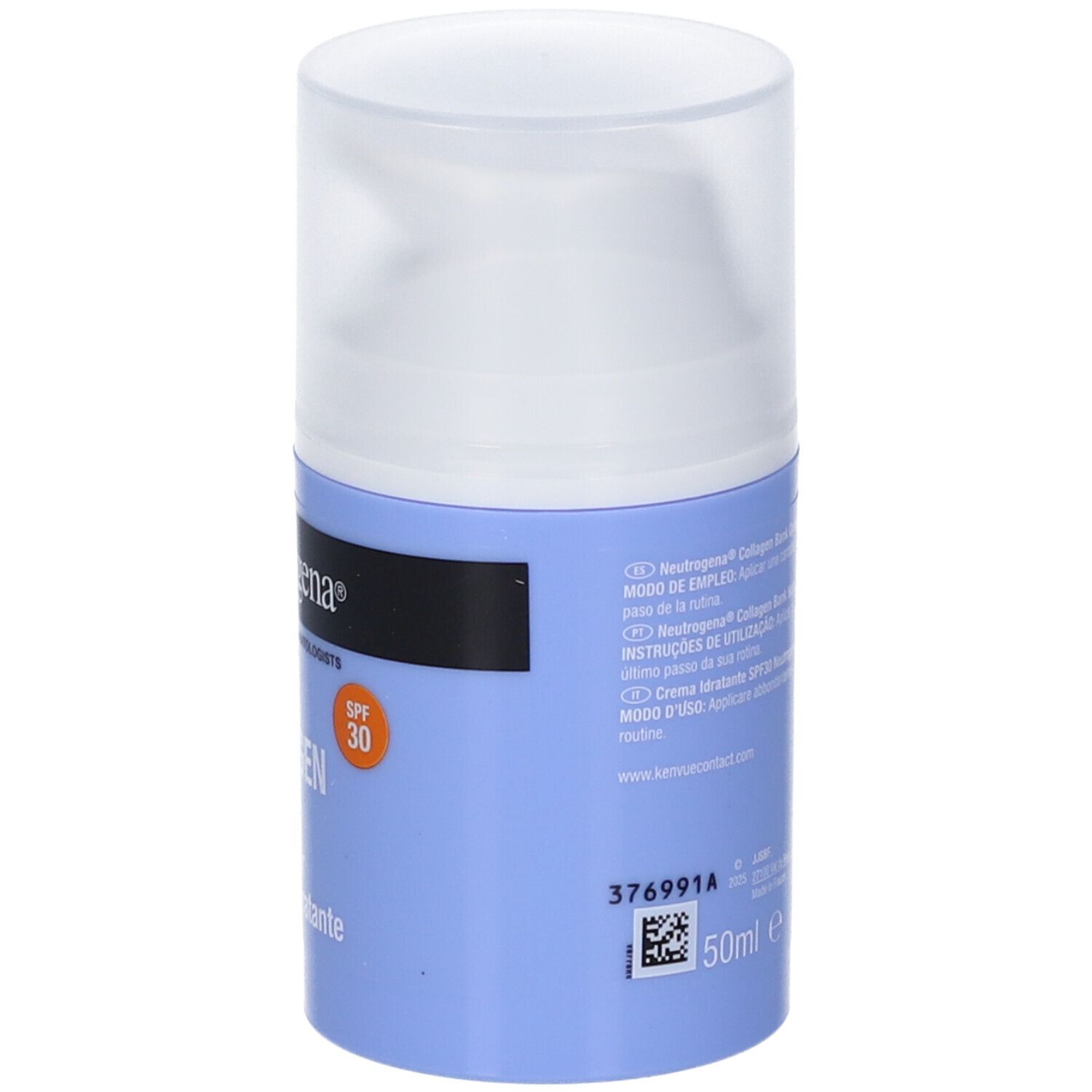 Neutrogena Collagene Crema Giorno SPF 30. Flacone blu con tappo bianco. Testo: SPF 30, 50ml.