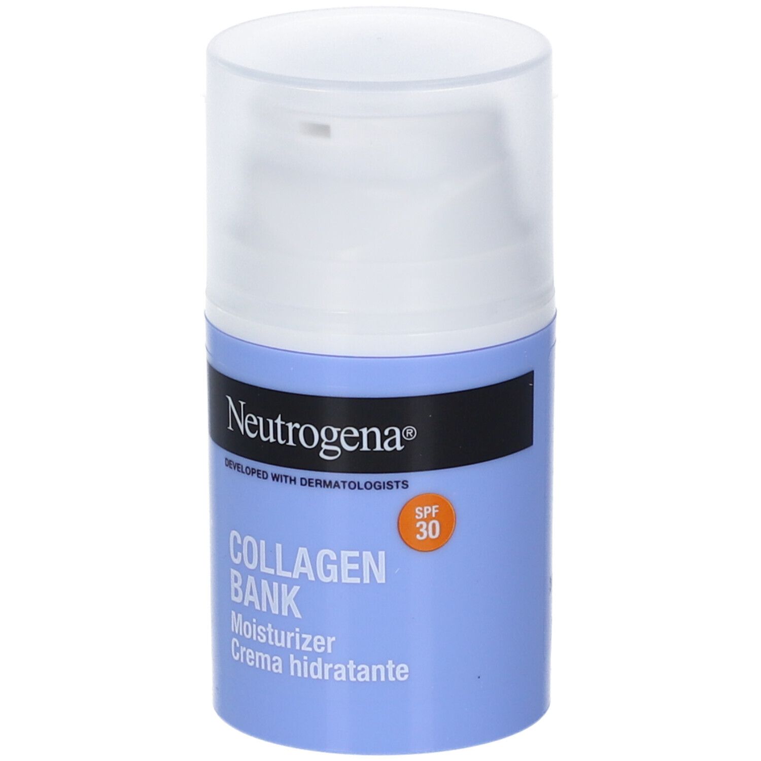 Neutrogena Collagene Crema Giorno SPF 30. Flacone blu con tappo bianco. Testo: Collagen Bank, SPF 30.