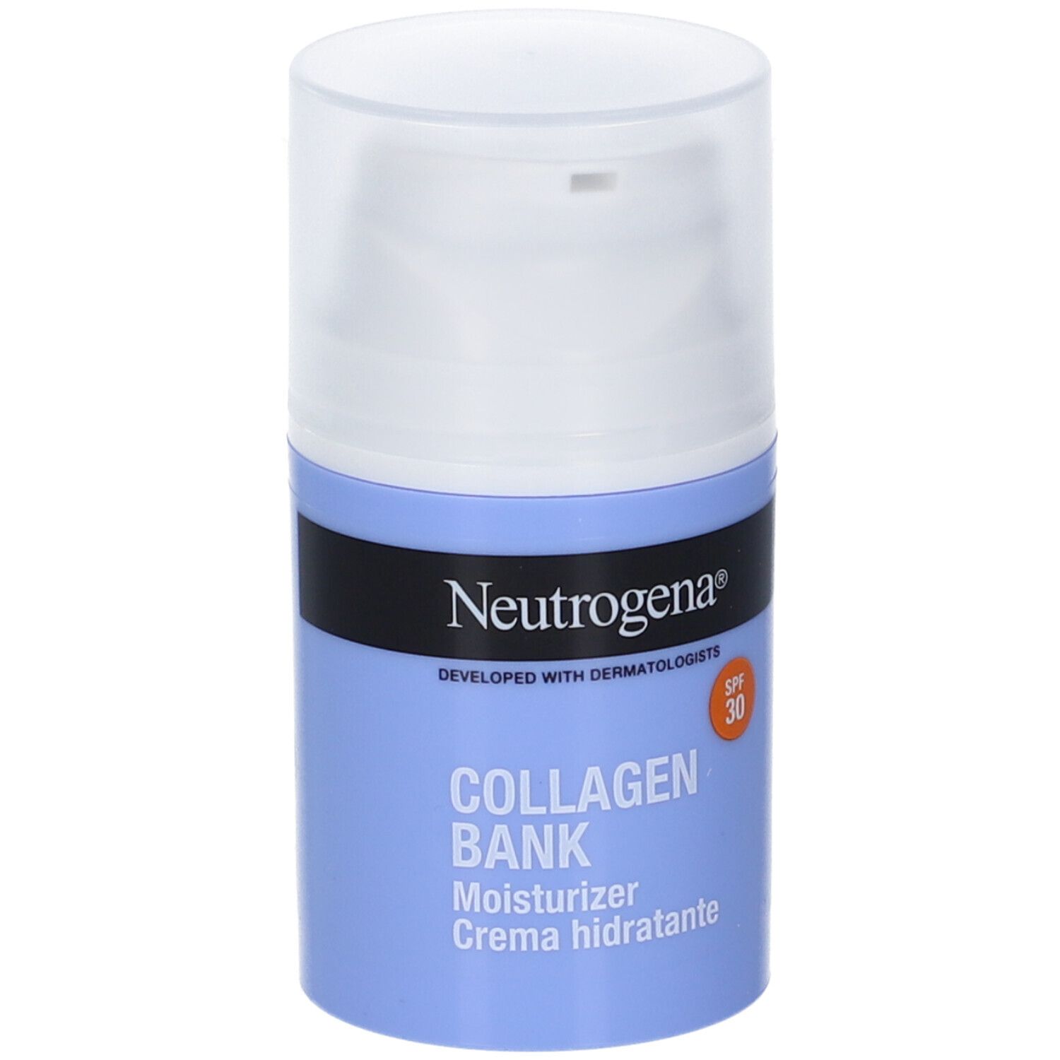 Neutrogena Collagene Crema Giorno SPF 30. Flacone blu con tappo bianco. Testo: Collagen Bank, SPF 30.