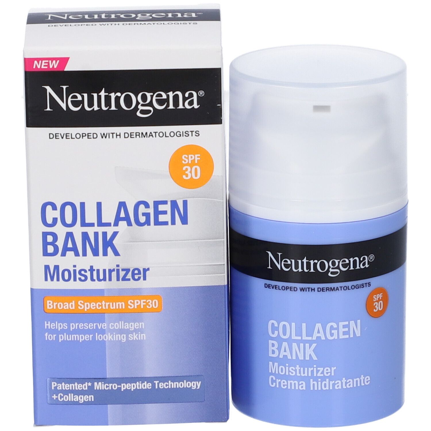 Neutrogena Collagene Crema Giorno SPF 30 e confezione. Flacone blu e scatola. Testo: SPF 30, Collagen Bank.