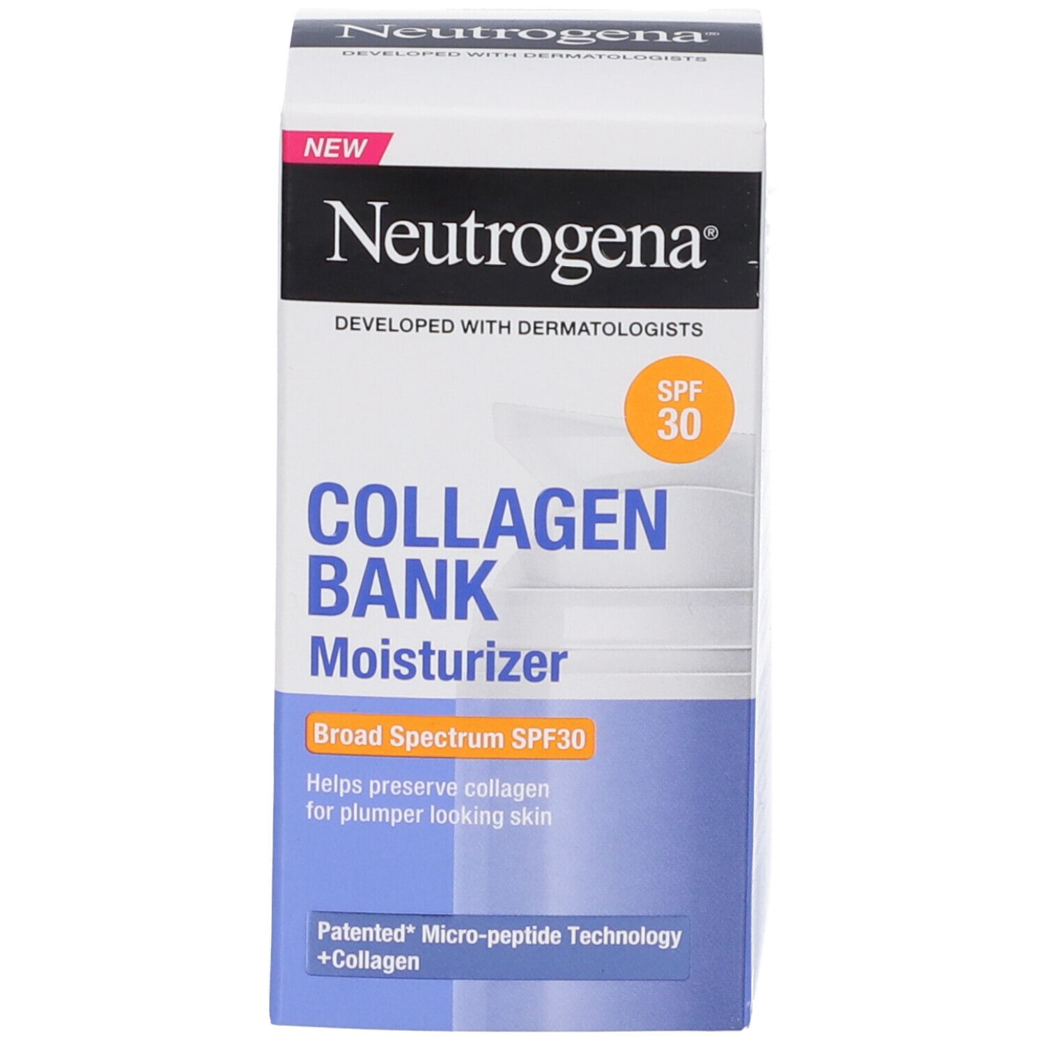 Confezione Neutrogena Collagene Crema Giorno SPF 30. Scatola con testo: SPF 30, Collagen Bank.