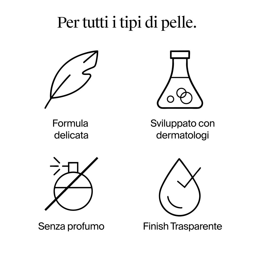 Icone per formula delicata, sviluppata con dermatologi, senza profumo, finish trasparente.