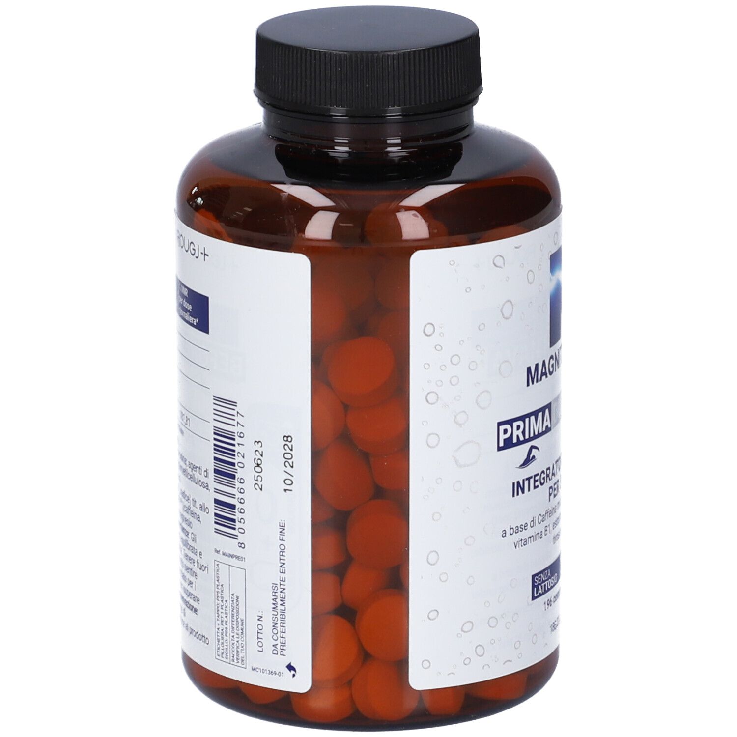 Flacone marrone con tappo nero. Retro con etichetta e informazioni. Compresse visibili. Scadenza 10/2028.