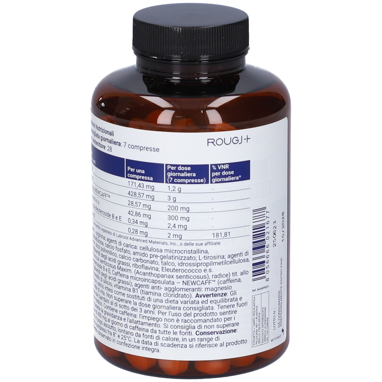 Flacone marrone con tappo nero. Etichetta con informazioni nutrizionali e ingredienti. Compresse visibili.