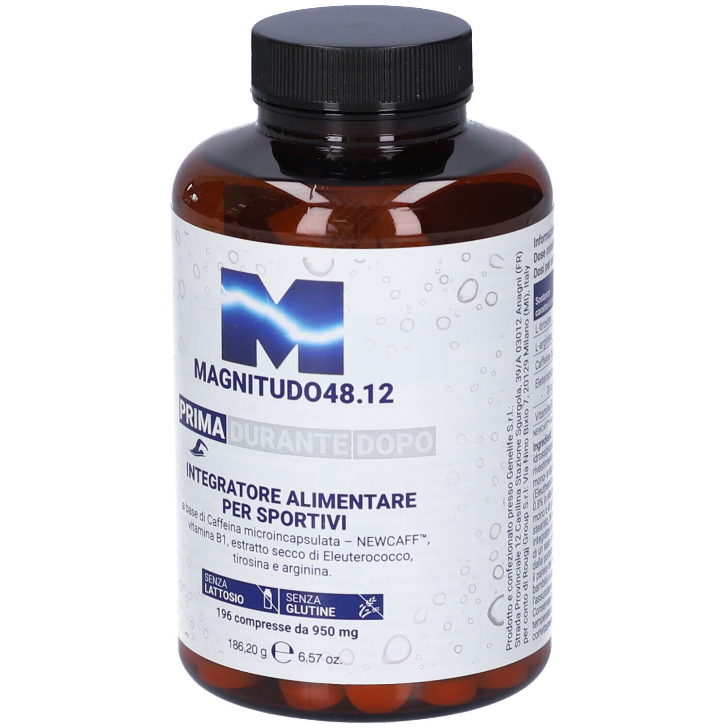 Flacone marrone con tappo nero. Etichetta con nome prodotto MAGNITUDO 48.12 e altre informazioni. 196 compresse.