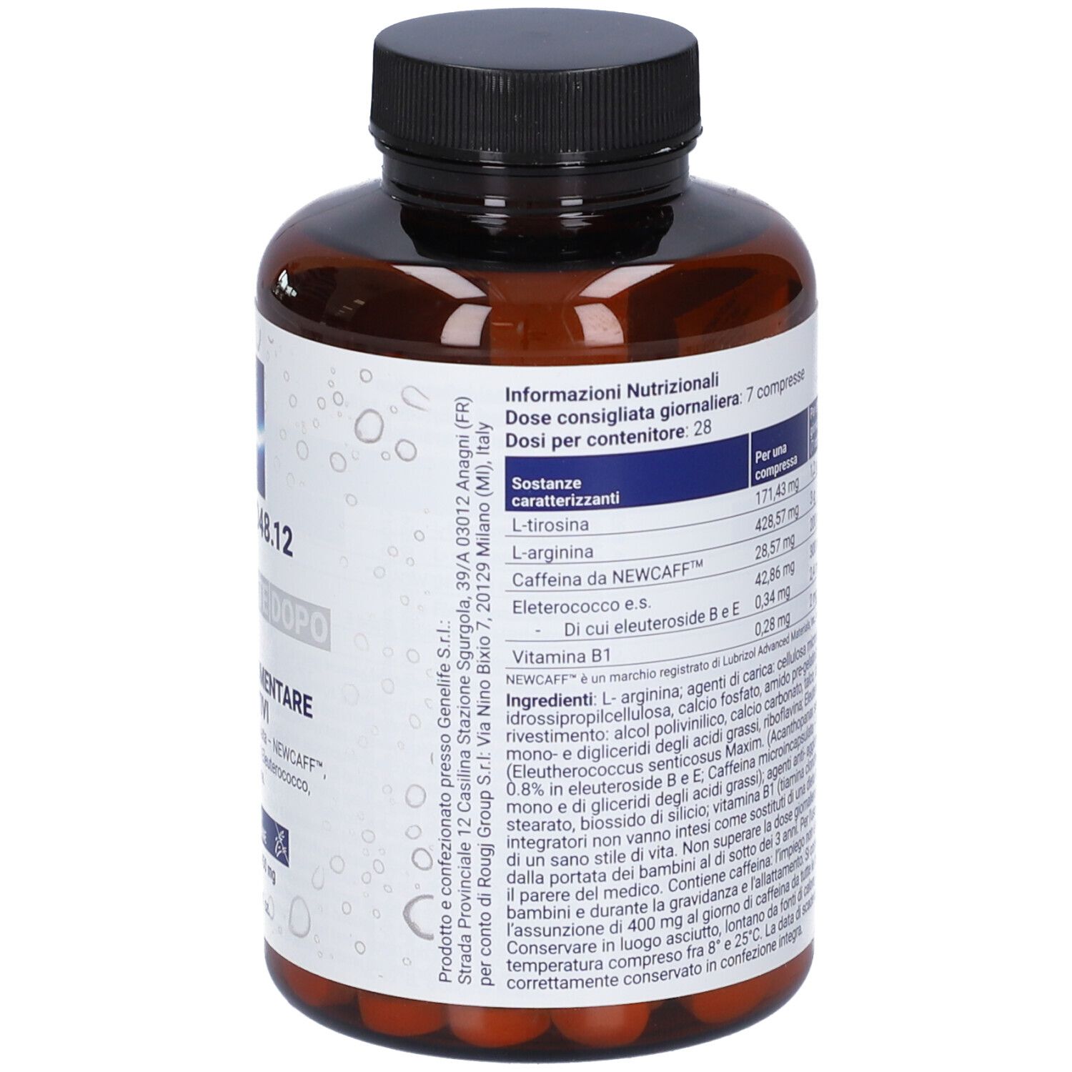 Flacone marrone con tappo nero. Etichetta con informazioni nutrizionali e ingredienti. Nome prodotto MAGNITUDO 48.12.