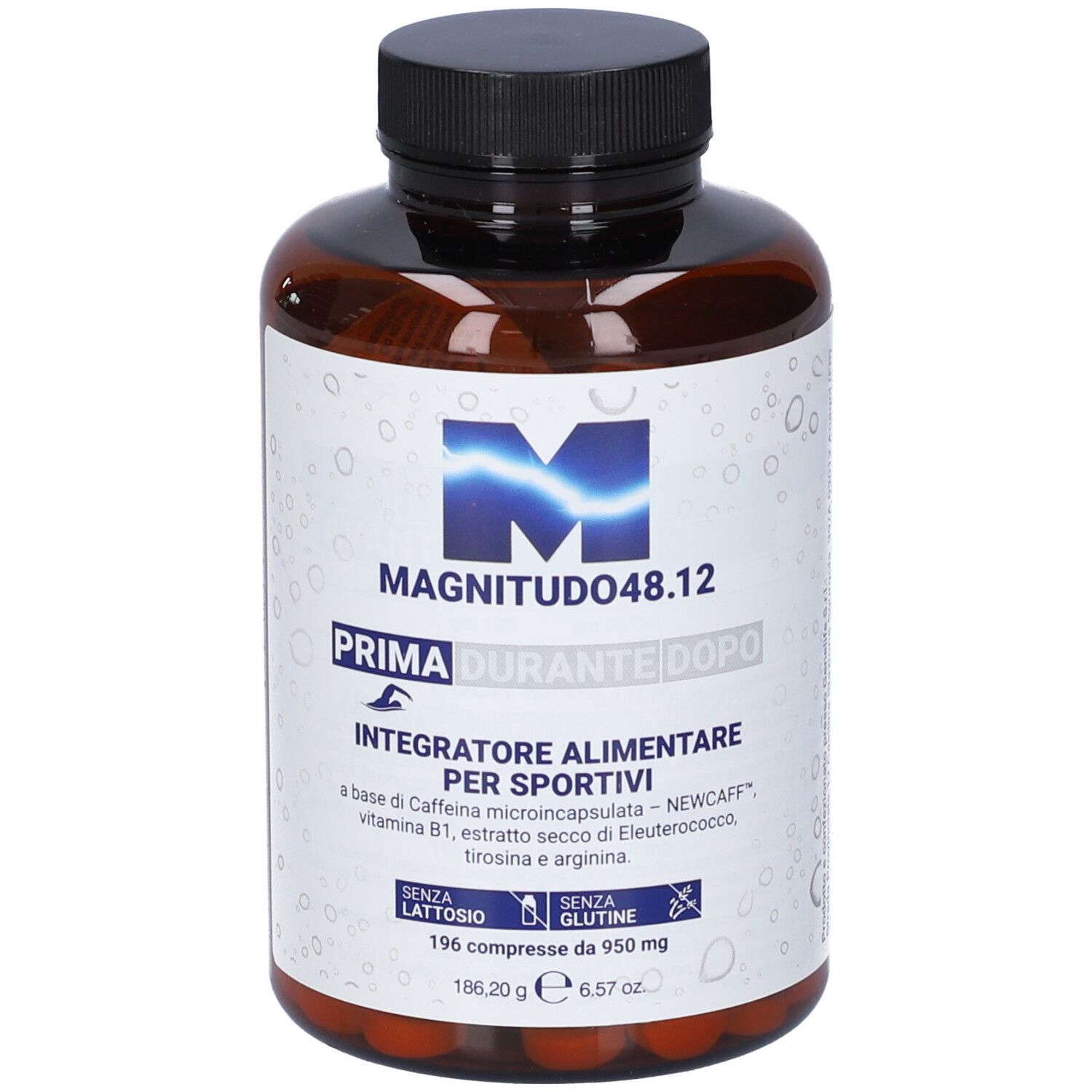 Flacone marrone con tappo nero. Etichetta con nome prodotto MAGNITUDO 48.12 e altre informazioni. 196 compresse.