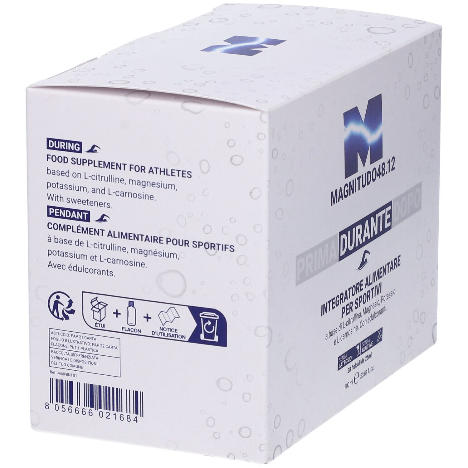 Confezione bianca con grafica blu e testo. Scritta: MAGNITUDO48.12. Retro con testo in inglese e francese. Contiene informazioni sugli ingredienti.