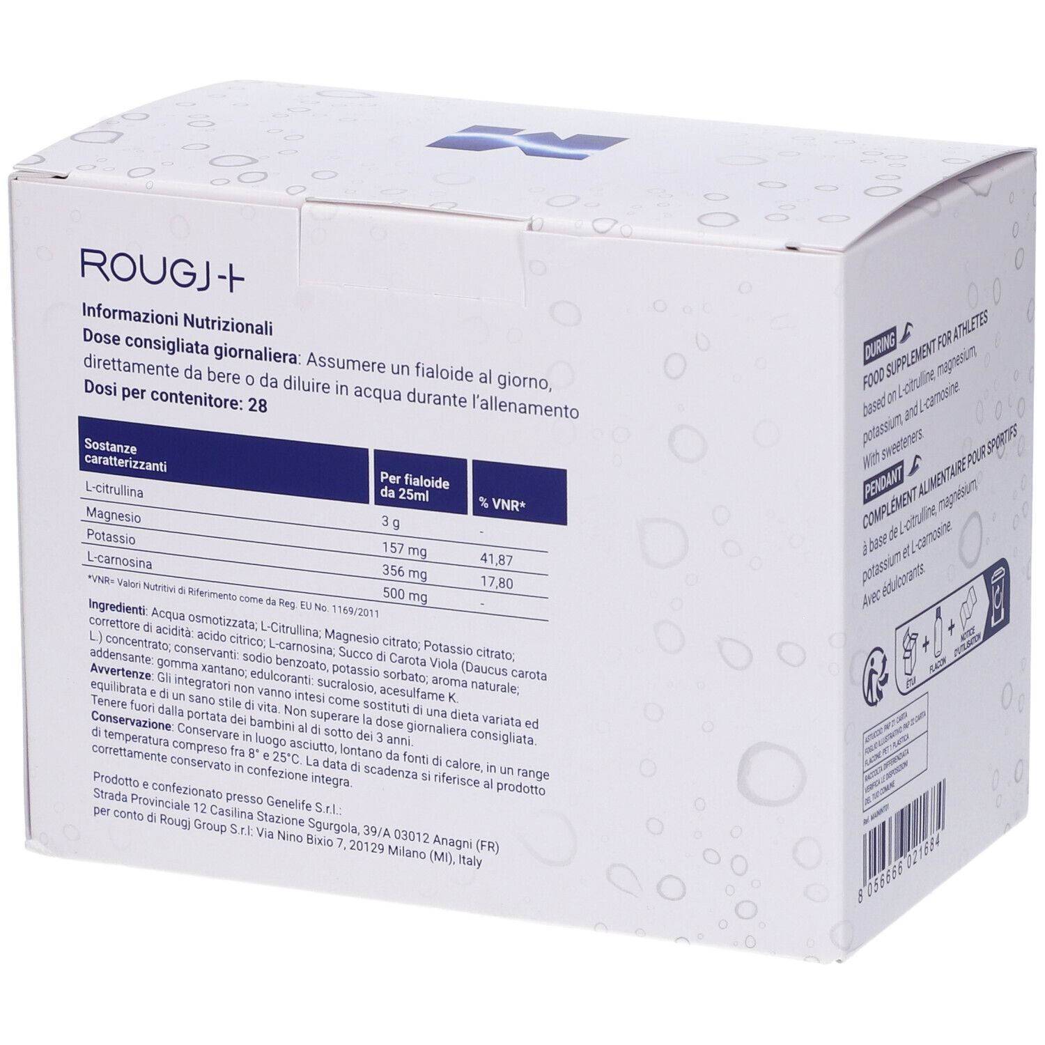 Confezione bianca con testo e grafica blu. Scritta: ROUGI+. Contiene informazioni nutrizionali e ingredienti. Dose giornaliera raccomandata: 1 fiala.