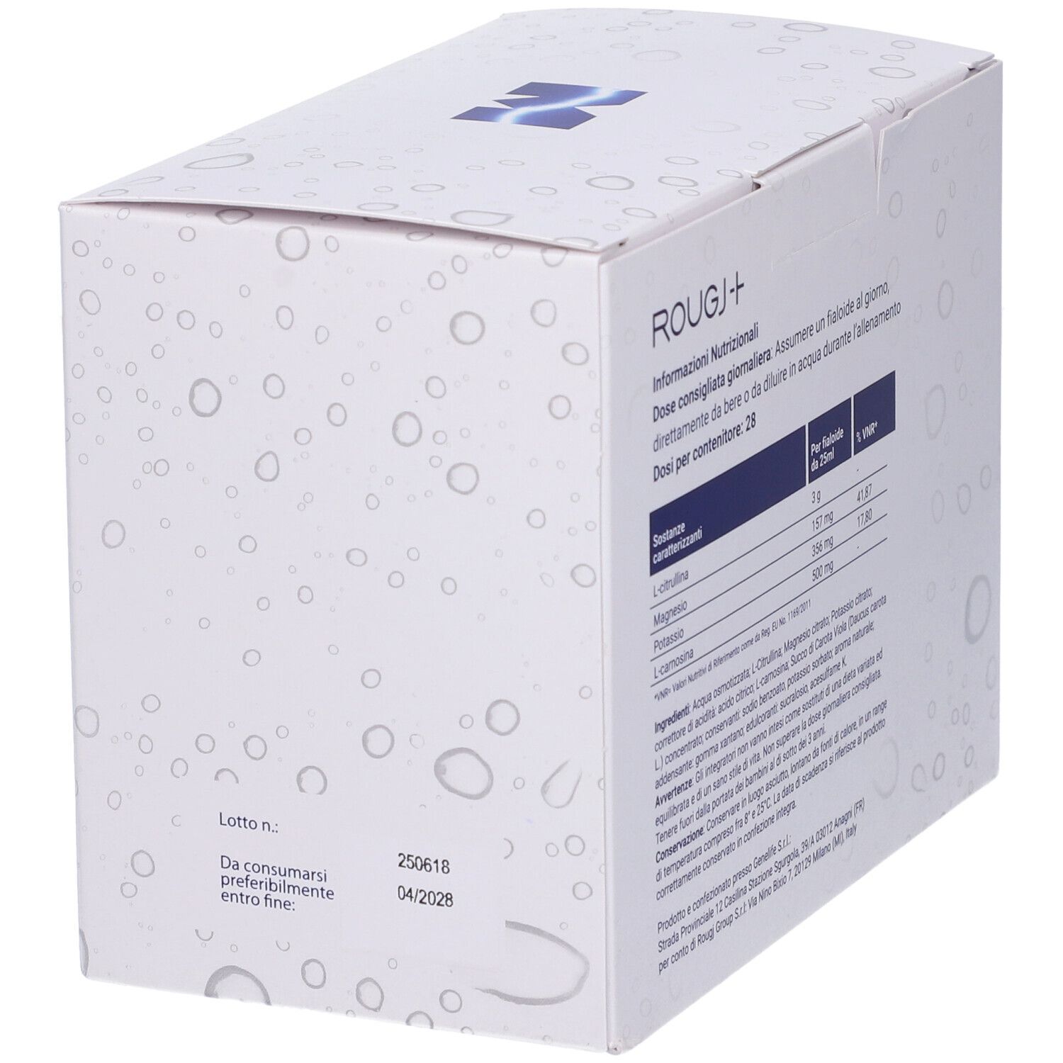 Confezione bianca con testo e grafica blu. Scritta: ROUGI+. Retro con informazioni nutrizionali e ingredienti. Scadenza: 04/2028.