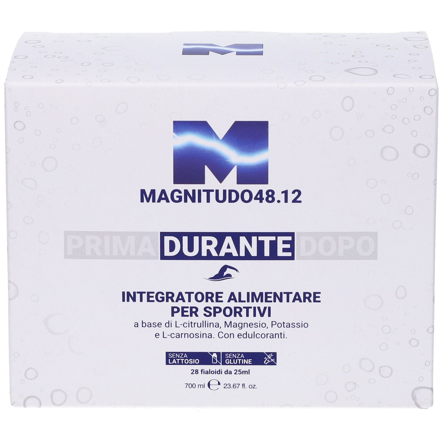 Confezione bianca con grafica blu e testo. Scritta: MAGNITUDO48.12, PRIMA DURANTE DOPO. Integratore alimentare per sportivi. Contiene 28 fiale.