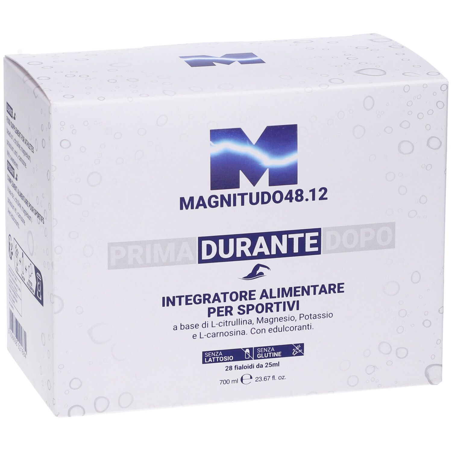 Confezione bianca con grafica blu e testo. Scritta: MAGNITUDO48.12, PRIMA DURANTE DOPO. Integratore alimentare per sportivi. Contiene 28 fiale.