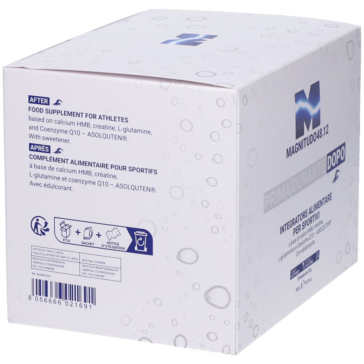 Retro della scatola bianca. Testo: FOOD SUPPLEMENT FOR ATHLETES. COMPLÉMENT ALIMENTAIRE POUR SPORTIFS. Ingredienti e istruzioni.